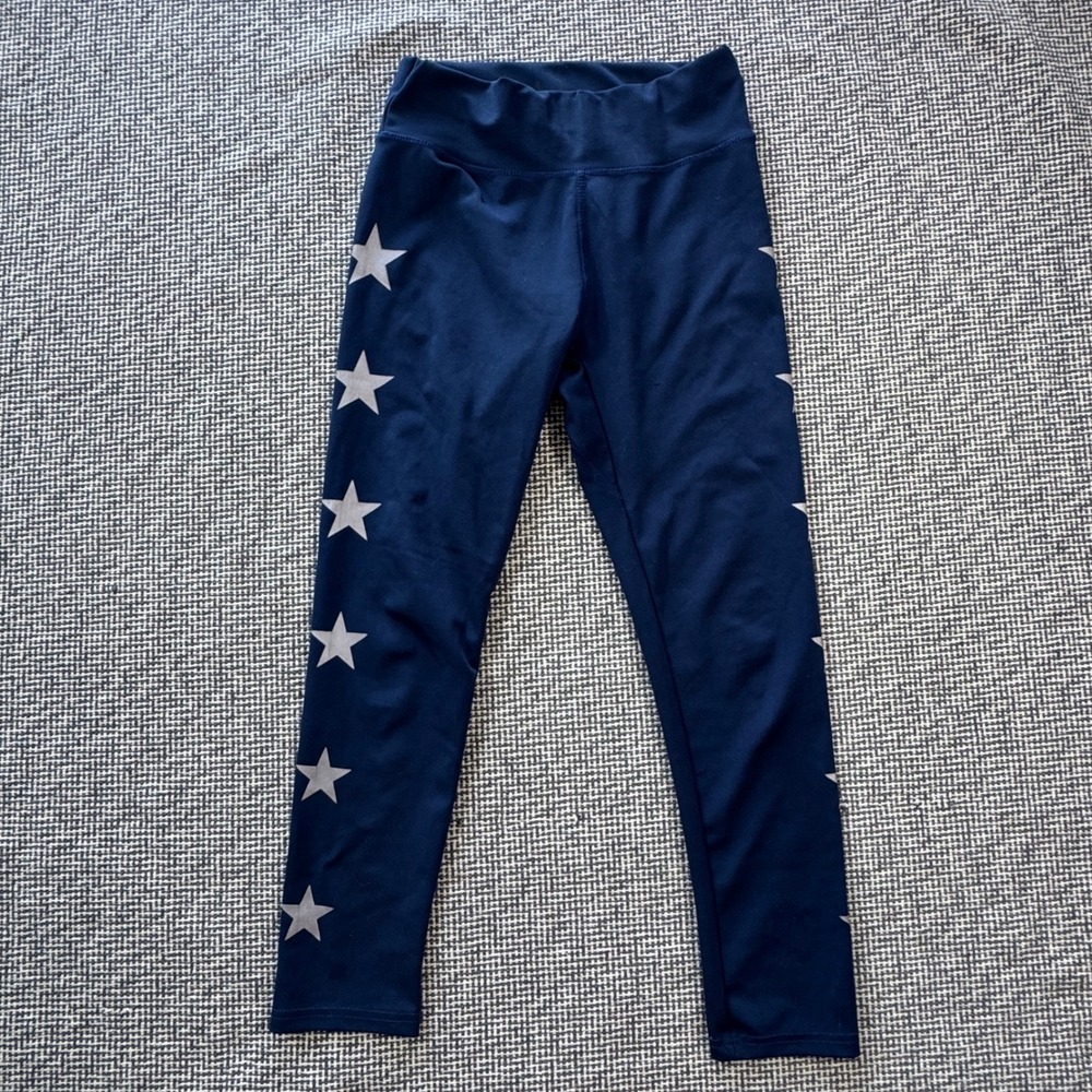 BSP Womens Navy Blue Silver Metallic Star Print High Waist Athletic Leggings M